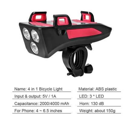 USB 재충전 가능한 LED 자전거 헤드라이트 자전거 호른 전화기 홀더 야간 승차용 전원